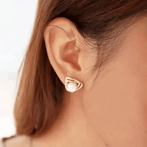 Gold Pearl Geometric Stud Earrings - Picture 4 of 4